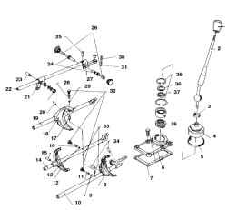4.15а Детали механизма переключения передач КПП выпуска до 1993 г. 1 .  Рукоятка 2. Рычаг 3. Верхнее стопорное кольцо чехла 4. Чехол 5. Нижний хомут 6. Крышка 7. Прокладка 8. Вилка включения 5-й передачи и заднего хода  9,13,29,31,33. Шарик фиксатора 10.