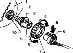 9.6 Детали крепления галогенной лампы1. Рефлектор2. Стеклянная колба3. Лампа4. Зафиксировать5. Надавить и достать6.Назъем7. Кольцевая гайка8. Вывернуть9. Пластмассовый цоколь10. Патрон